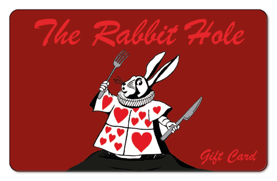 The Rabbit Hole, rabbit wearing playing cards with fork and knife in hand over red background